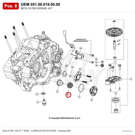 BETA FILTER SPRING -KIT – OEM 051.08.019.00.00, position 8 on the Beta X RR 125 4T T 2026 lubrication system drawing
