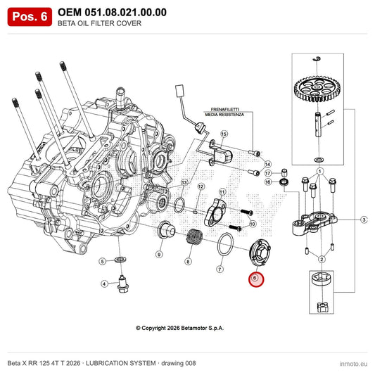 BETA OIL FILTER COVER – OEM 051.08.021.00.00, position 6 on the Beta X RR 125 4T T 2026 lubrication system drawing