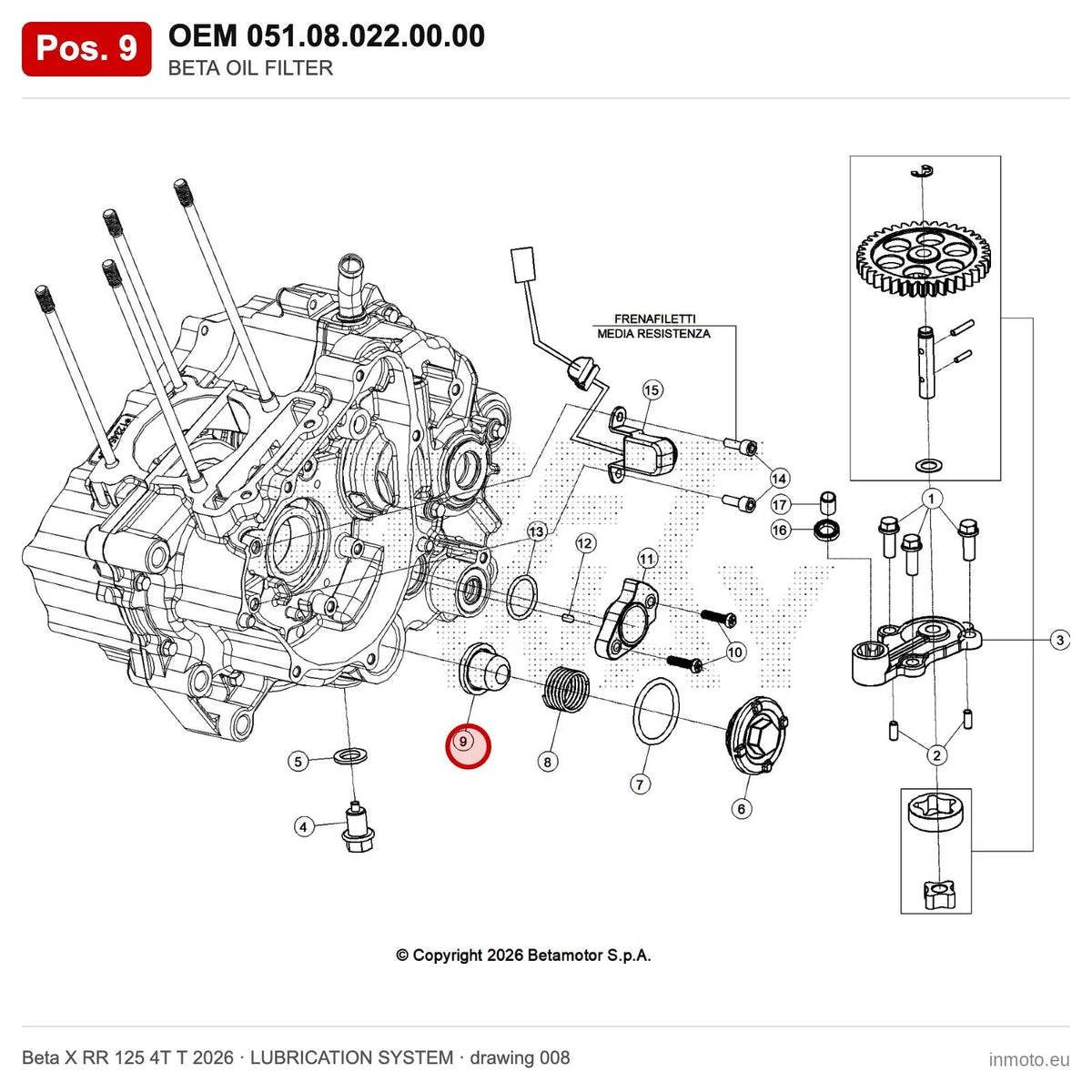 BETA OIL FILTER – OEM 051.08.022.00.00, position 9 on the Beta X RR 125 4T T 2026 lubrication system drawing