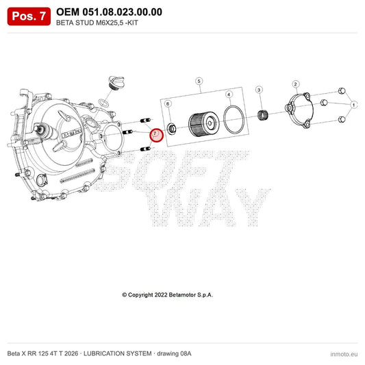 BETA STUD M6X25,5 -KIT – OEM 051.08.023.00.00, position 7 on the Beta X RR 125 4T T 2026 lubrication system drawing