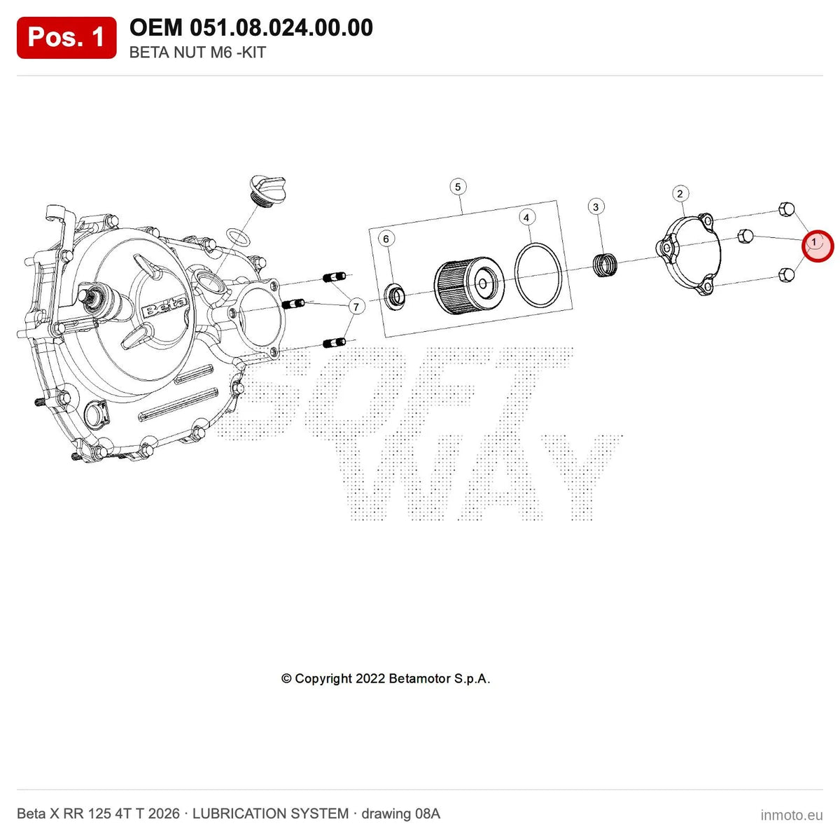 BETA NUT M6 -KIT – OEM 051.08.024.00.00, position 1 on the Beta X RR 125 4T T 2026 lubrication system drawing
