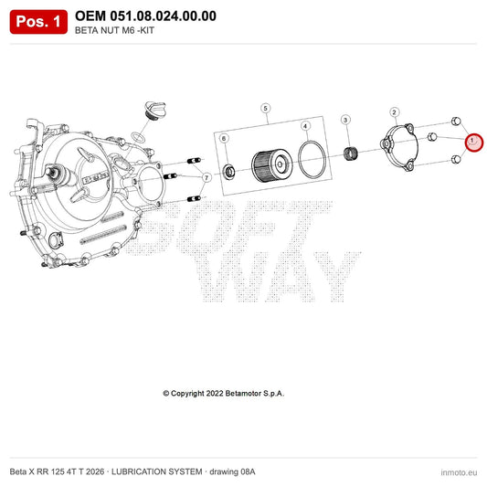 BETA NUT M6 -KIT – OEM 051.08.024.00.00, position 1 on the Beta X RR 125 4T T 2026 lubrication system drawing