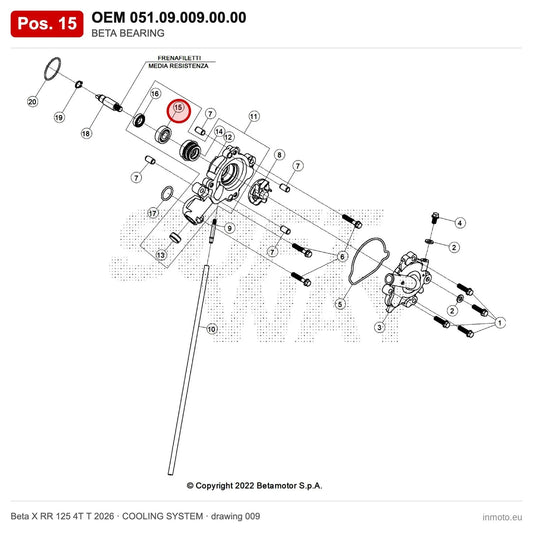 BETA BEARING – OEM 051.09.009.00.00, position 15 on the Beta X RR 125 4T T 2026 cooling system drawing