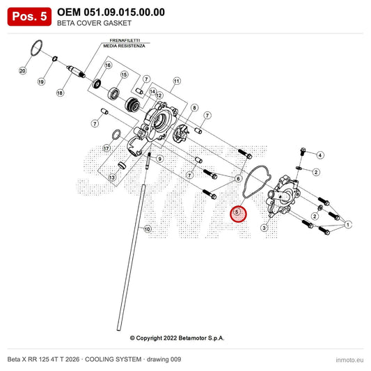 BETA COVER GASKET – OEM 051.09.015.00.00, position 5 on the Beta X RR 125 4T T 2026 cooling system drawing