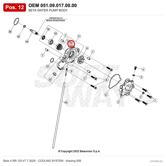 BETA WATER PUMP BODY – OEM 051.09.017.00.00, position 12 on the Beta X RR 125 4T T 2026 cooling system drawing