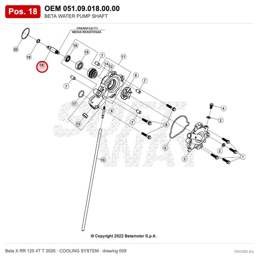 BETA WATER PUMP SHAFT – OEM 051.09.018.00.00, position 18 on the Beta X RR 125 4T T 2026 cooling system drawing