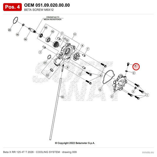 BETA SCREW M6X12 – OEM 051.09.020.00.00, position 4 on the Beta X RR 125 4T T 2026 cooling system drawing