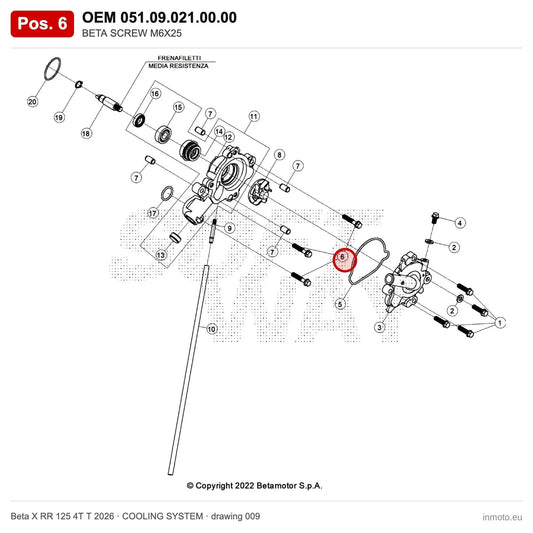 BETA SCREW M6X25 – OEM 051.09.021.00.00, position 6 on the Beta X RR 125 4T T 2026 cooling system drawing