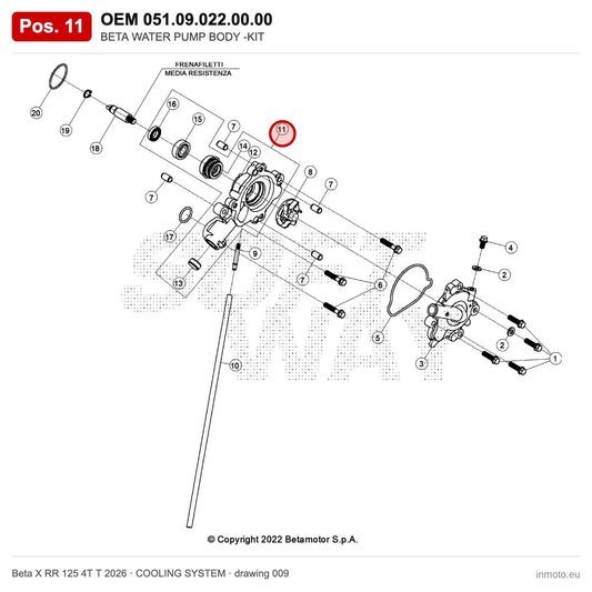 BETA WATER PUMP BODY -KIT – OEM 051.09.022.00.00, position 11 on the Beta X RR 125 4T T 2026 cooling system drawing