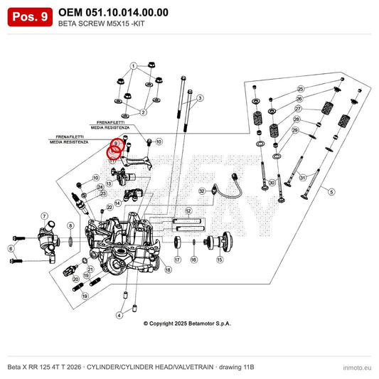 BETA SCREW M5X15 -KIT – OEM 051.10.014.00.00, position 9 on the Beta X RR 125 4T T 2026 cylinder/cylinder head/valvetrain drawing