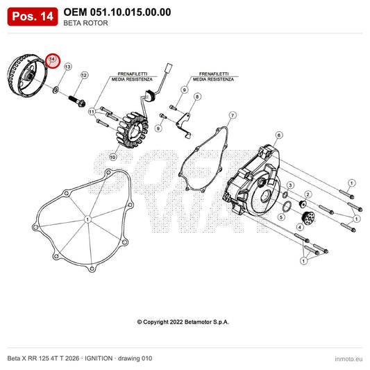 BETA ROTOR – OEM 051.10.015.00.00, position 14 on the Beta X RR 125 4T T 2026 ignition drawing