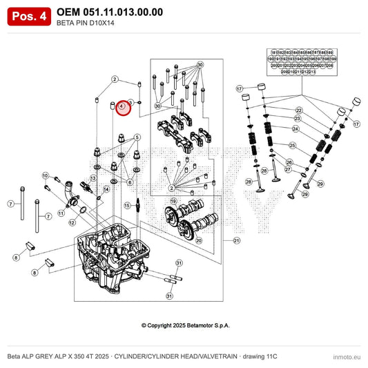 BETA PIN D10X14 – OEM 051.11.013.00.00, position 4 on the Beta ALP GREY ALP X 350 4T 2025 cylinder/cylinder head/valvetrain drawing