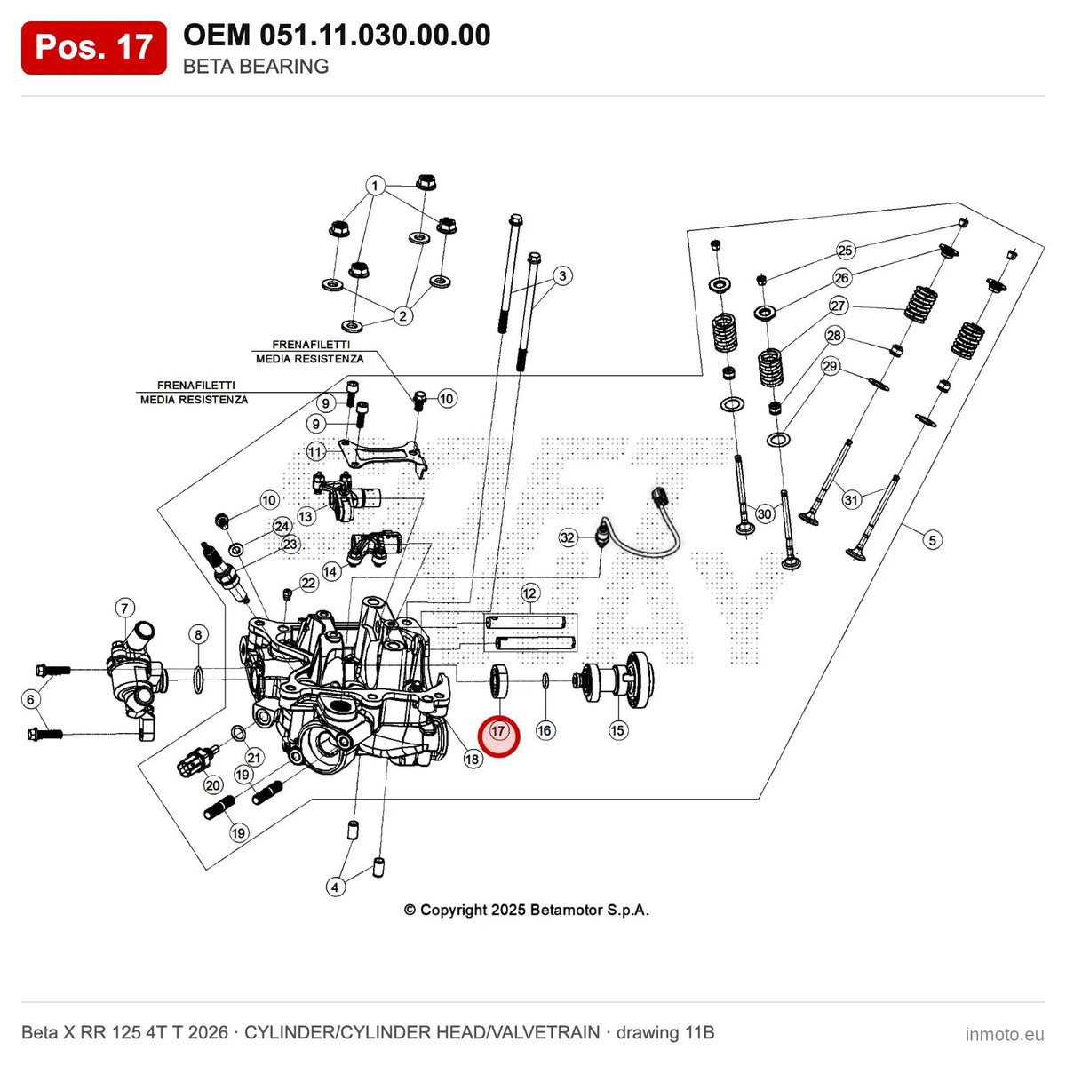 BETA BEARING – OEM 051.11.030.00.00, position 17 on the Beta X RR 125 4T T 2026 cylinder/cylinder head/valvetrain drawing