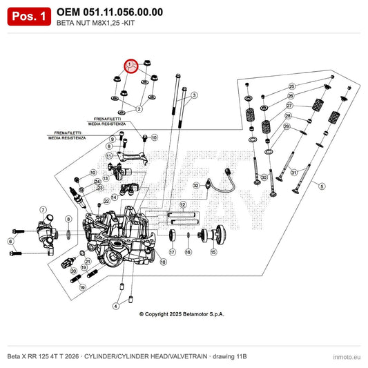BETA NUT M8X1,25 -KIT – OEM 051.11.056.00.00, position 1 on the Beta X RR 125 4T T 2026 cylinder/cylinder head/valvetrain drawing