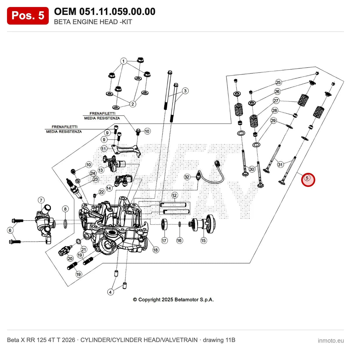 BETA ENGINE HEAD -KIT – OEM 051.11.059.00.00, position 5 on the Beta X RR 125 4T T 2026 cylinder/cylinder head/valvetrain drawing