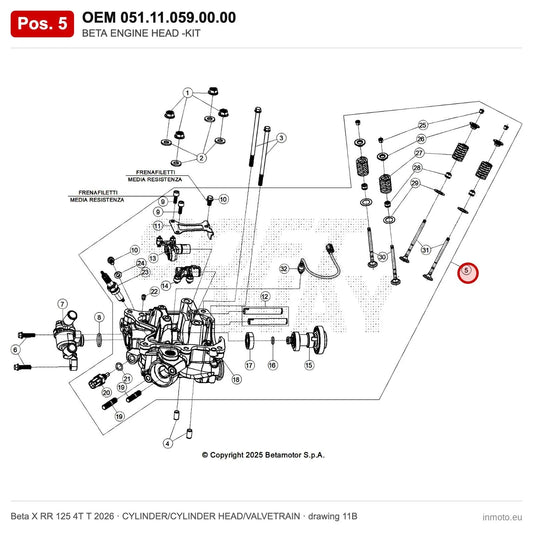 BETA ENGINE HEAD -KIT – OEM 051.11.059.00.00, position 5 on the Beta X RR 125 4T T 2026 cylinder/cylinder head/valvetrain drawing