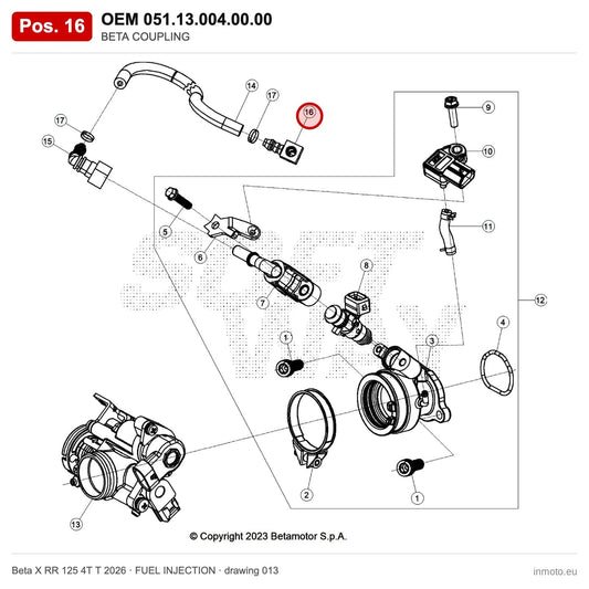 BETA COUPLING – OEM 051.13.004.00.00, position 16 on the Beta X RR 125 4T T 2026 fuel injection drawing