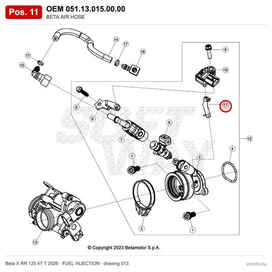 BETA AIR HOSE – OEM 051.13.015.00.00, position 11 on the Beta X RR 125 4T T 2026 fuel injection drawing