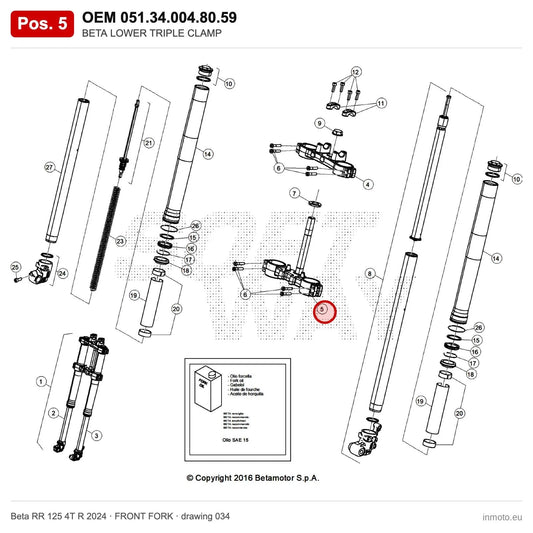 BETA LOWER TRIPLE CLAMP BLACK RR 4T 125 T – OEM 051.34.004.80.59, position 5 on the Beta RR 125 4T R 2024 front fork drawing