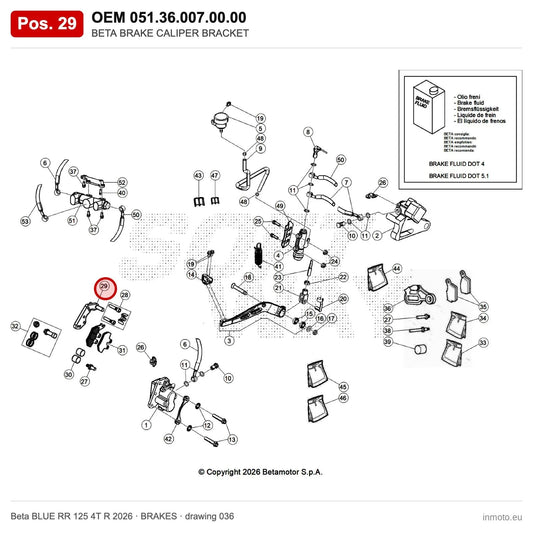 BETA BRAKE CALIPER BRACKET – OEM 051.36.007.00.00, position 29 on the Beta BLUE RR 125 4T R 2026 brakes drawing
