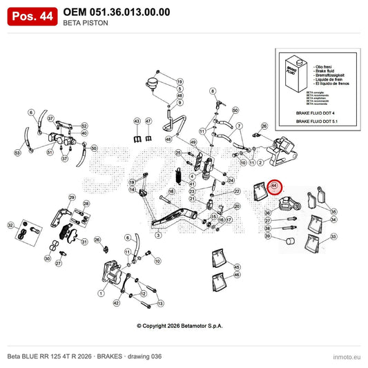 BETA PISTON – OEM 051.36.013.00.00, position 44 on the Beta BLUE RR 125 4T R 2026 brakes drawing