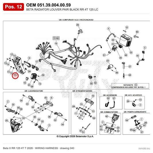 BETA RADIATOR LOUVER PAIR BLACK RR 4T 125 T – OEM 051.39.004.00.59, position 12 on the Beta X RR 125 4T T 2026 wiring harness drawing