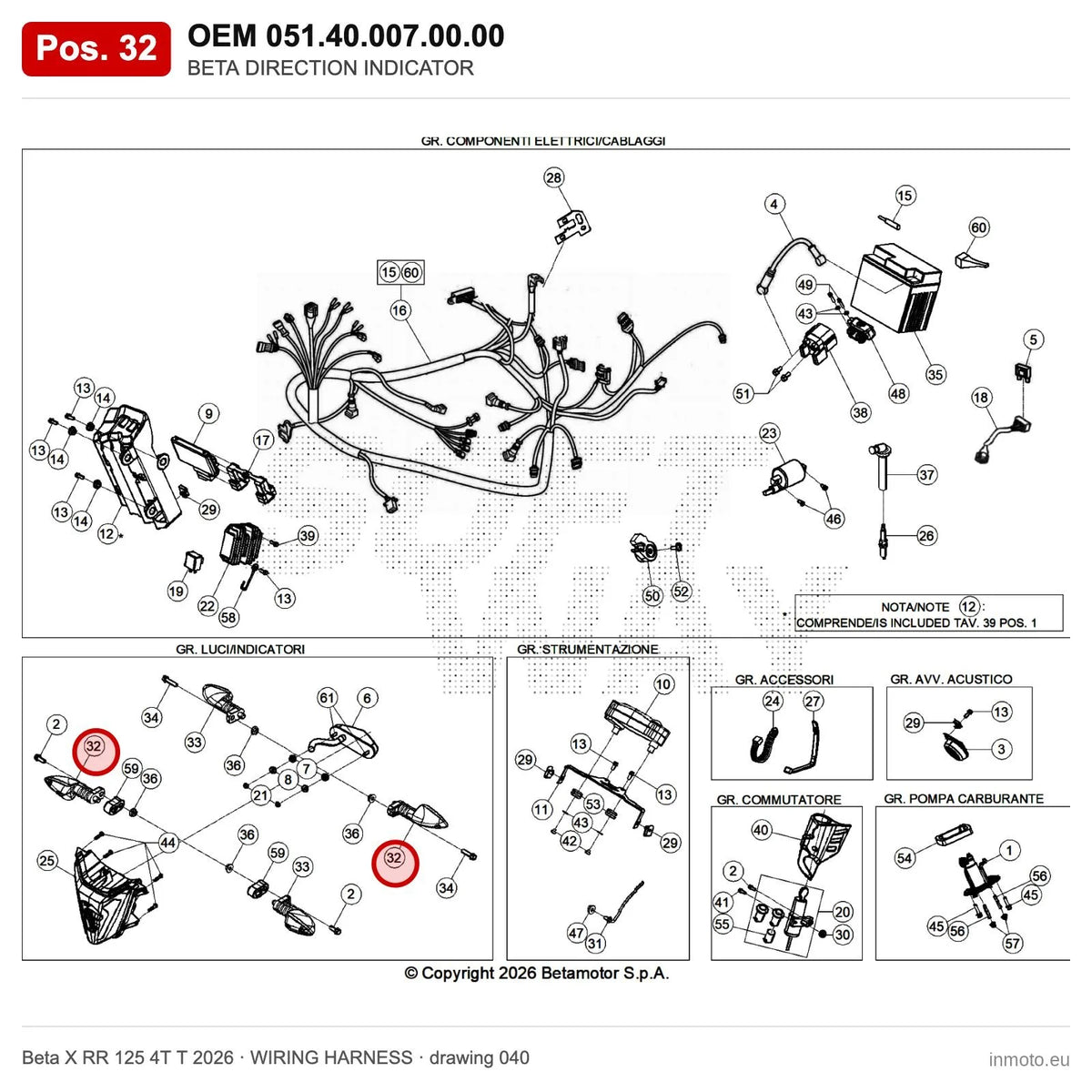 BETA DIRECTION INDICATOR – OEM 051.40.007.00.00, position 32 on the Beta X RR 125 4T T 2026 wiring harness drawing