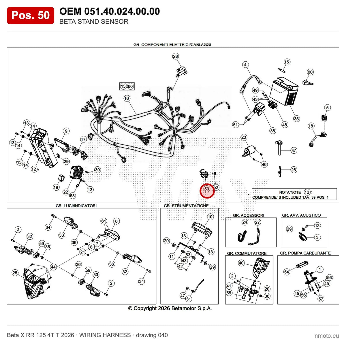 BETA STAND SENSOR – OEM 051.40.024.00.00, position 50 on the Beta X RR 125 4T T 2026 wiring harness drawing