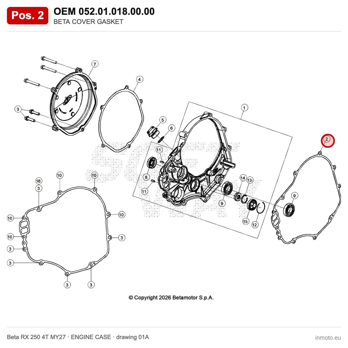 BETA COVER GASKET – OEM 052.01.018.00.00, position 2 on the Beta RX 250 4T MY27 engine case drawing