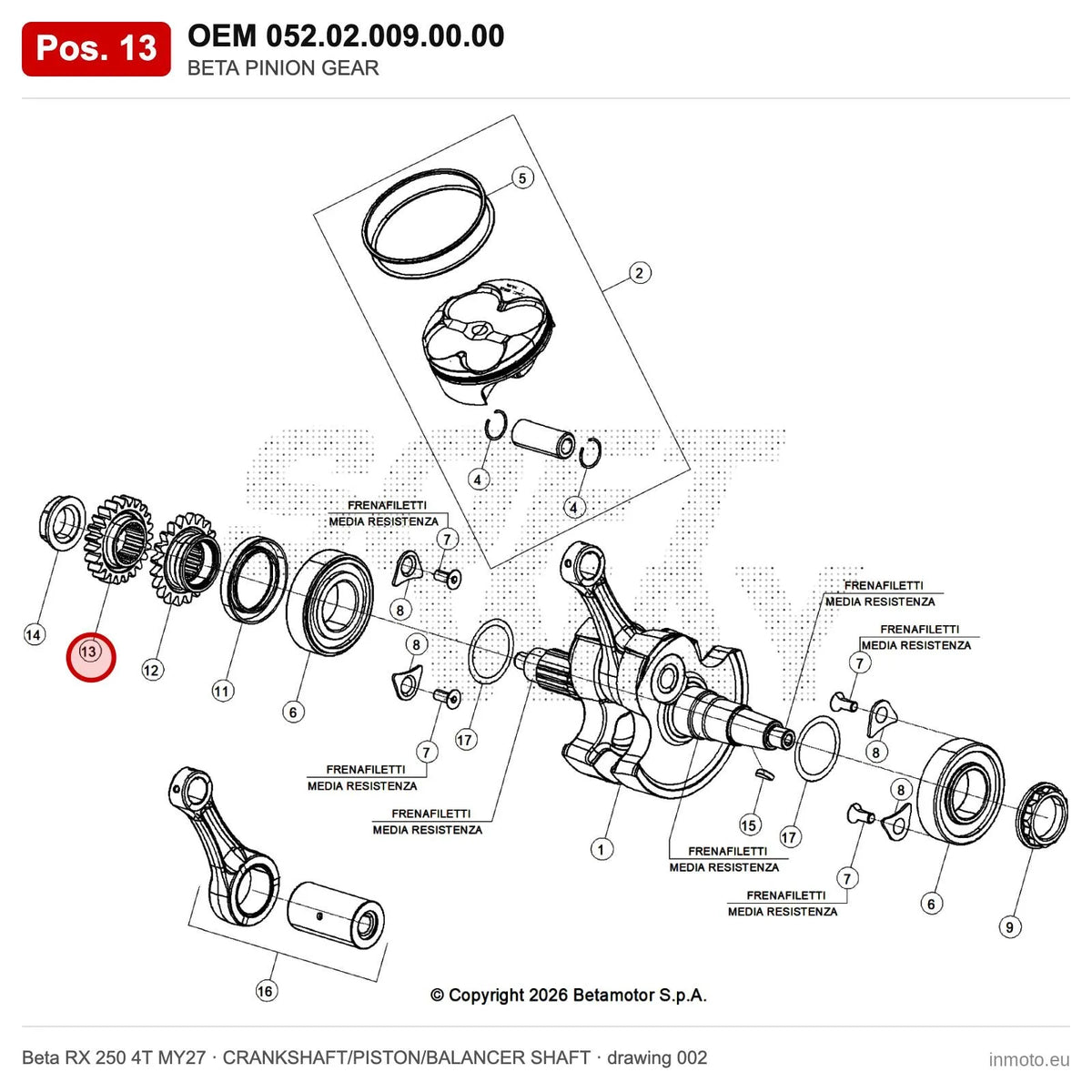 BETA PINION GEAR – OEM 052.02.009.00.00, position 13 on the Beta RX 250 4T MY27 crankshaft/piston/balancer shaft drawing