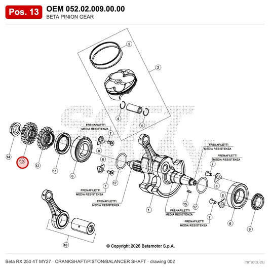BETA PINION GEAR – OEM 052.02.009.00.00, position 13 on the Beta RX 250 4T MY27 crankshaft/piston/balancer shaft drawing