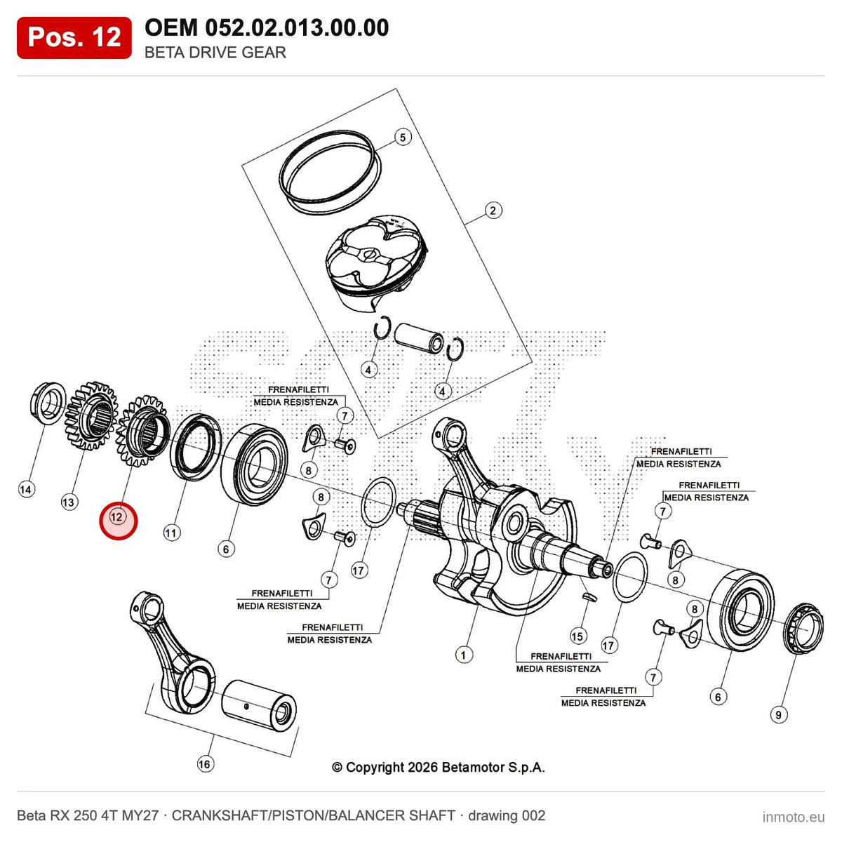 BETA DRIVE GEAR – OEM 052.02.013.00.00, position 12 on the Beta RX 250 4T MY27 crankshaft/piston/balancer shaft drawing