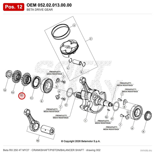 BETA DRIVE GEAR – OEM 052.02.013.00.00, position 12 on the Beta RX 250 4T MY27 crankshaft/piston/balancer shaft drawing