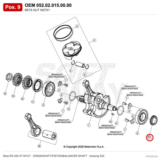 BETA NUT M27X1 – OEM 052.02.015.00.00, position 9 on the Beta RX 250 4T MY27 crankshaft/piston/balancer shaft drawing