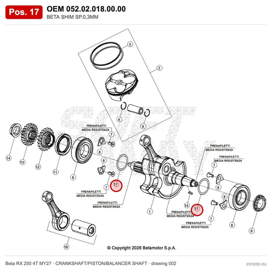 BETA SHIM SP.0,3MM – OEM 052.02.018.00.00, position 17 on the Beta RX 250 4T MY27 crankshaft/piston/balancer shaft drawing