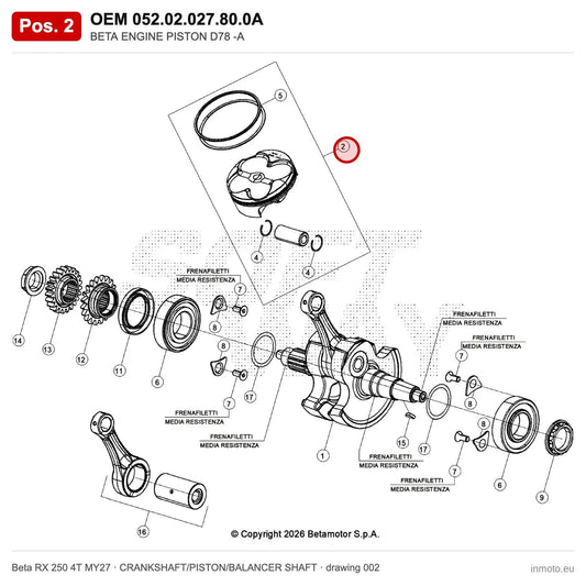 BETA ENGINE PISTON D78 -A – OEM 052.02.027.80.0A, position 2 on the Beta RX 250 4T MY27 crankshaft/piston/balancer shaft drawing