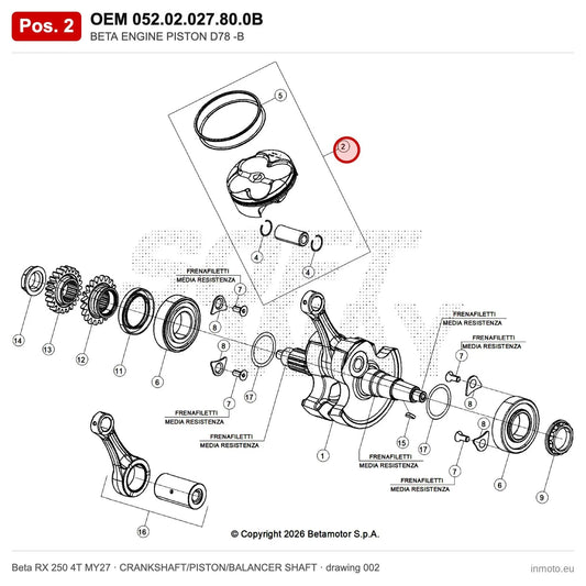 BETA ENGINE PISTON D78 -B – OEM 052.02.027.80.0B, position 2 on the Beta RX 250 4T MY27 crankshaft/piston/balancer shaft drawing