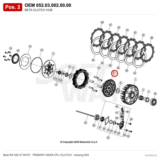 BETA CLUTCH HUB – OEM 052.03.002.00.00, position 2 on the Beta RX 250 4T MY27 primary gear cpl./clutch drawing