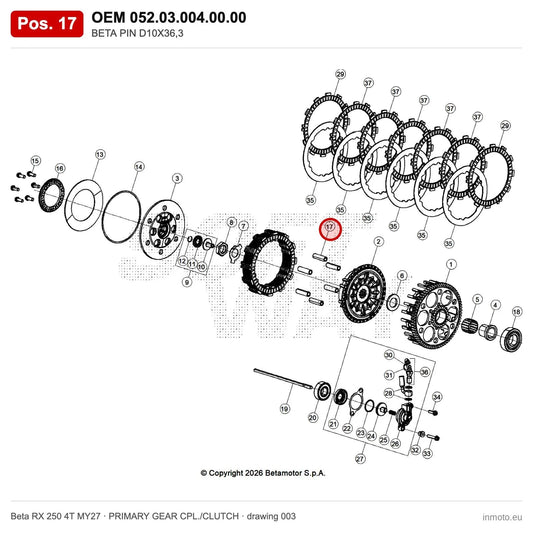BETA PIN D10X36,3 – OEM 052.03.004.00.00, position 17 on the Beta RX 250 4T MY27 primary gear cpl./clutch drawing