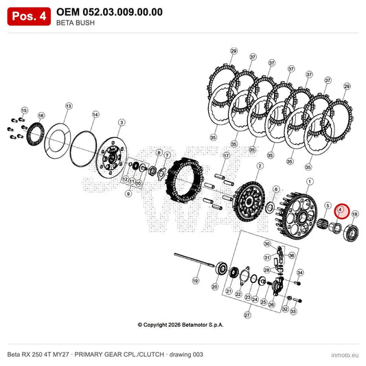 BETA BUSH – OEM 052.03.009.00.00, position 4 on the Beta RX 250 4T MY27 primary gear cpl./clutch drawing