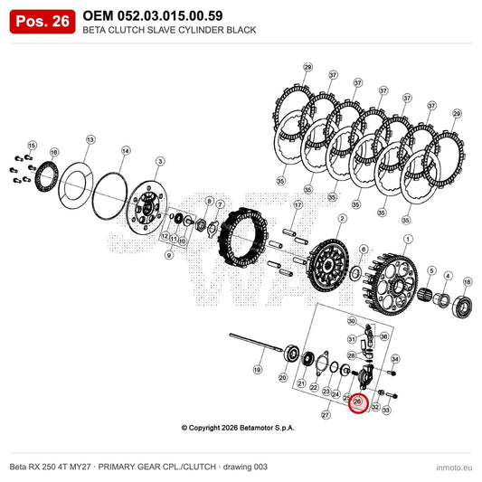BETA CLUTCH SLAVE CYLINDER BLACK – OEM 052.03.015.00.59, position 26 on the Beta RX 250 4T MY27 primary gear cpl./clutch drawing