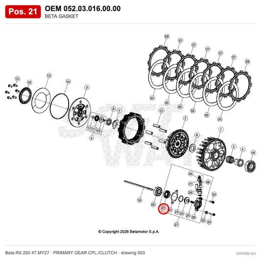 BETA GASKET – OEM 052.03.016.00.00, position 21 on the Beta RX 250 4T MY27 primary gear cpl./clutch drawing