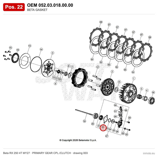 BETA GASKET – OEM 052.03.018.00.00, position 22 on the Beta RX 250 4T MY27 primary gear cpl./clutch drawing
