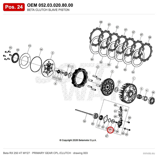 BETA CLUTCH SLAVE PISTON – OEM 052.03.020.80.00, position 24 on the Beta RX 250 4T MY27 primary gear cpl./clutch drawing