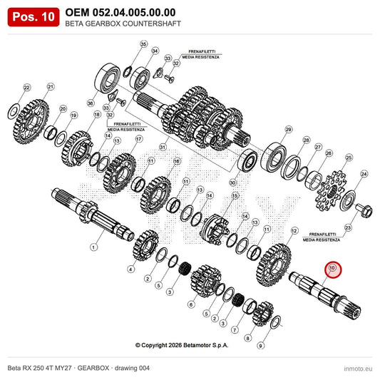 BETA GEARBOX COUNTERSHAFT – OEM 052.04.005.00.00, position 10 on the Beta RX 250 4T MY27 gearbox drawing