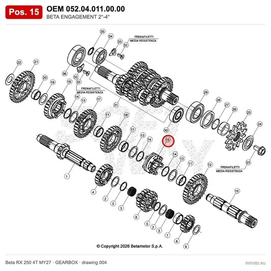 BETA ENGAGEMENT 2°-4° – OEM 052.04.011.00.00, position 15 on the Beta RX 250 4T MY27 gearbox drawing