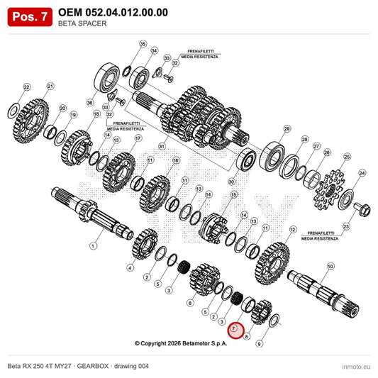 BETA SPACER – OEM 052.04.012.00.00, position 7 on the Beta RX 250 4T MY27 gearbox drawing