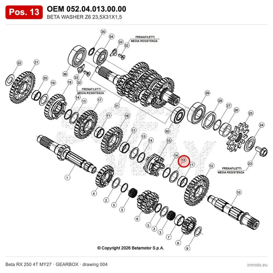 BETA WASHER Z6 23,5X31X1,5 – OEM 052.04.013.00.00, position 13 on the Beta RX 250 4T MY27 gearbox drawing
