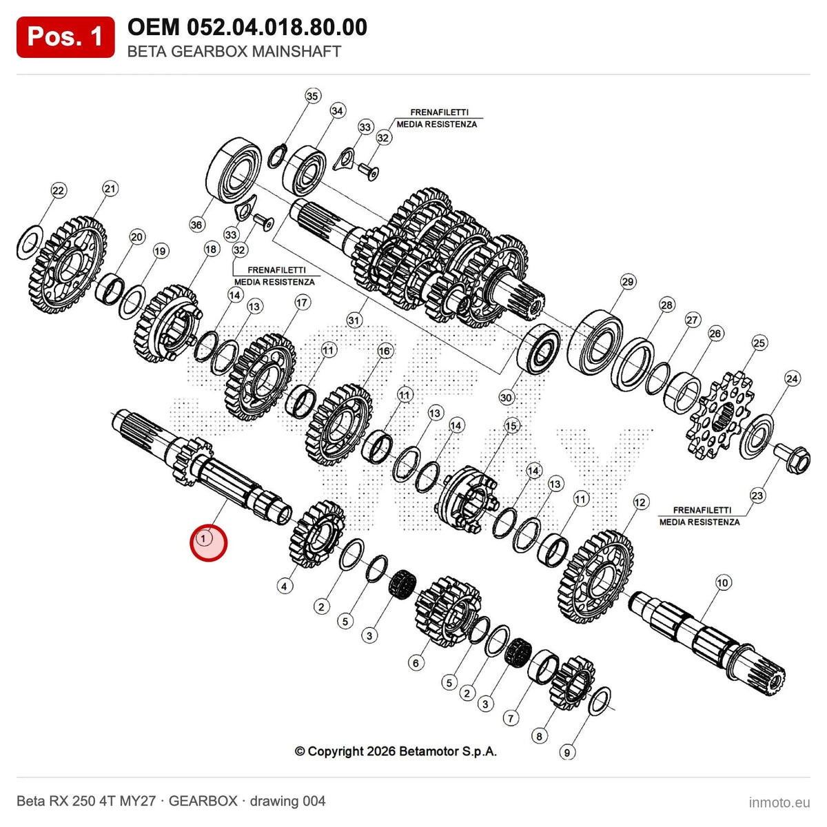 BETA GEARBOX MAINSHAFT – OEM 052.04.018.80.00, position 1 on the Beta RX 250 4T MY27 gearbox drawing
