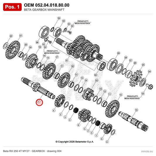 BETA GEARBOX MAINSHAFT – OEM 052.04.018.80.00, position 1 on the Beta RX 250 4T MY27 gearbox drawing